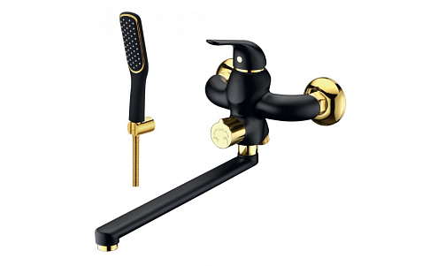 Смеситель Lemark "Свон" LM5451BG универсальный с плоским изливом 350мм, дивертор с керамическими пластинами черный/золото: фотография 1
