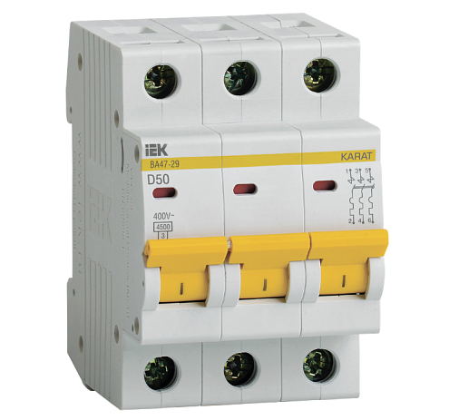 Выключатель автоматический модульный 3п D 50А 4.5кА ВА47-29 KARAT IEK MVA20-3-050-D: фотография 1