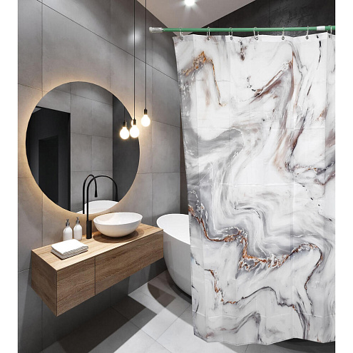 Занавеска-штора для ванн SANTREK HOME 180х180 ФОТОПРИНТ Polyester 20127 с кольцами Серо-белый мрамор П201: фотография 1