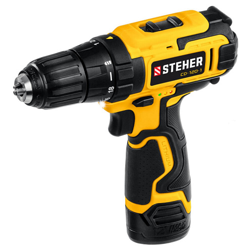 CD-120 Дрель-шуруповерт STEHER, 12V, 2АКБ 2Ач, 30Нм, БЗП, LED-подсветка, в кейсе: фотография 1
