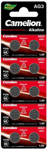 Элемент питания алкалиновый "таблетка" LR41/392A/192/G 3 Mercury Free AG3-BP0%Hg для часов BL-10 уп.10шт Camelion 12811: фотография 1