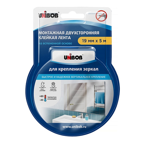 Двухсторонняя клейкая лента для крепления зеркал 19мм х 5м, 780мкм белый Unibob: фотография 1