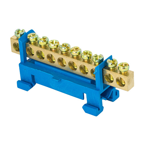 Шина нулевая N 6х9 10 отверстий синий изолятор тип "Стойка" на DIN-рейку латунь PROxima EKF sn0-63-10-sb: фотография 1