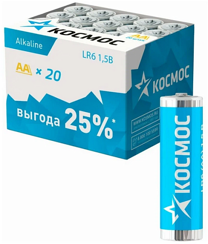 Элемент питания алкалиновый AA/LR6 уп.20шт КОСМОС KOCLR620BOX: фотография 1