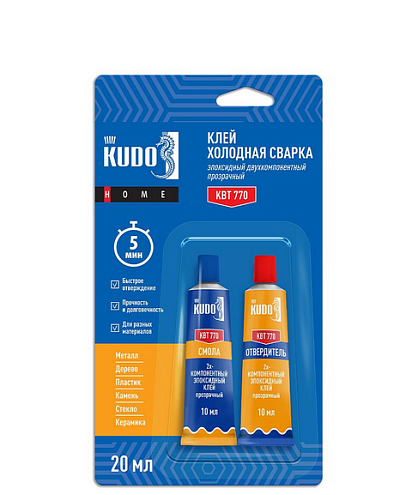 Клей KUDO эпоксидный 2х компонентный, прозрачный, 20мл: фотография 1