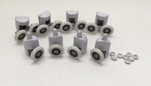 Комплект роликов для душевой кабины на 2 двери, 4 верхние (двойные, сменные) + 4 нижние (одинарные, с кнопкой) 19 мм: фотография 1