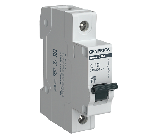 Выключатель автоматический модульный 1п C 10А 4.5кА ВА47-29М GENERICA MVA21-1-010-C-G: фотография 1