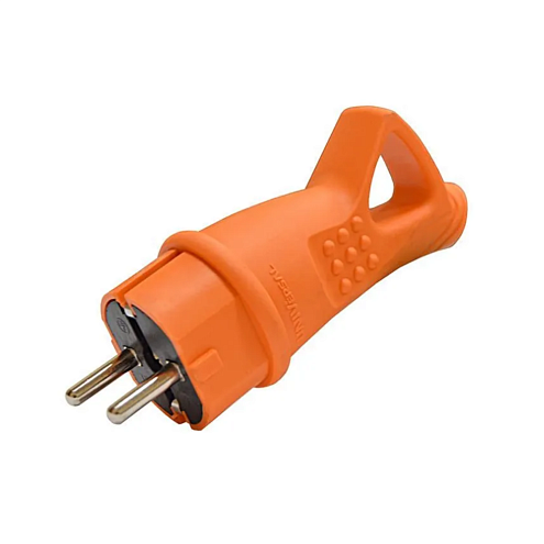 Вилка электрическая 1ф 16А 250В IP44 с заземлением с ушком каучук оранжевый (еврослот) UNIVersal 3030: фотография 1