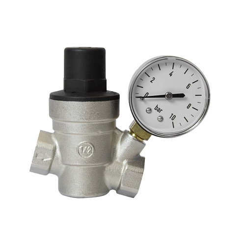 Редуктор давления мембранный  1/2" диапозон регулирования: 1,0 - 6,0 бар,  с манометром VRT: фотография 1