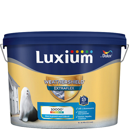 Краска Luxium Weathershield Extraflex Фасадная для минеральных, деревянных и ПВХ поверхностей, матовая BC 9л: фотография 1