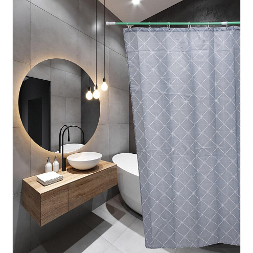 Занавеска-штора для ванн SANTREK HOME 180х180 Polyester 60704 с кольцами Серый ромб П218: фотография 1