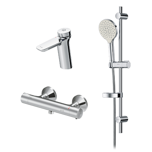 F40950A03 Inspire V2.0, набор 3в1: см-ль д/умывальника, см-ль д/душа с термостатом, душевой комплект: фотография 1