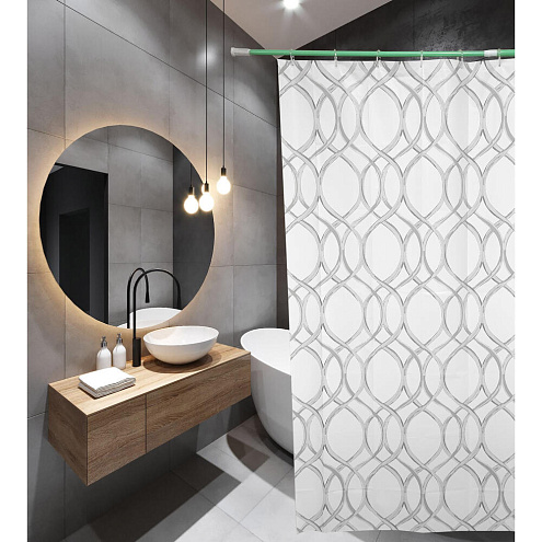 Занавеска-штора для ванн SANTREK HOME 180х180 PEVA 60690 с кольцами Белые/серые волны П222: фотография 1