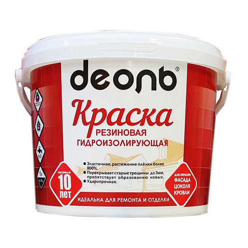 Краска ДЕОЛЬ Резиновая гидроизолирующая белая, эластичная, ударопрочная 9л: фотография 1