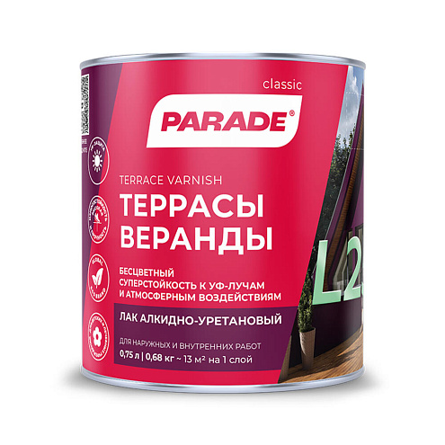 Лак алкидно-уретановый PARADE L25 Террасы & Веранды, для наружных и внутренних работ, глянцевый, 0,75л: фотография 1