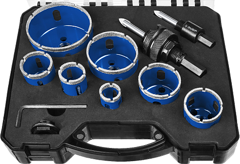 Набор алмазных коронок с оснасткой ЗУБР 7шт (d 20/25/32/35/40/50/68мм): фотография 1