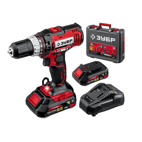 Шуруповерт Li-Ion, 18В, 2АКБ, 2,0Ач, 40Нм, LED-подсветка, индикатор заряда, кейс, ЗУБР: фотография 1