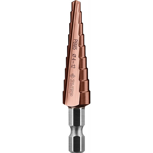 Сверло ступенчатое по металлу "Кобальт" d4-12мм, сталь Р6М5, ЗУБР: фотография 1