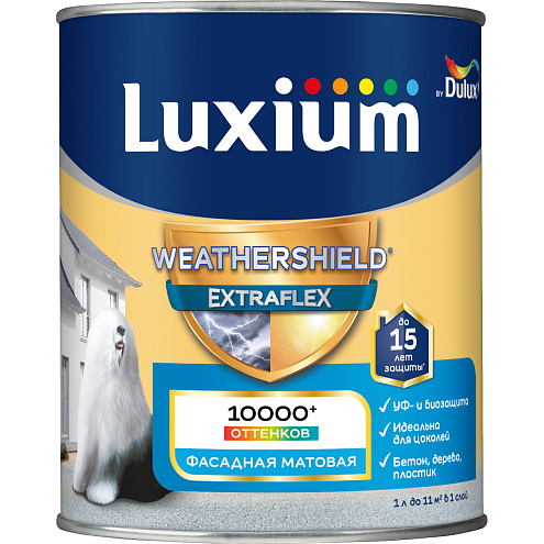 Краска Luxium Weathershield Extraflex Фасадная для минеральных, деревянных и ПВХ поверхностей, матовая BW 1л: фотография 1