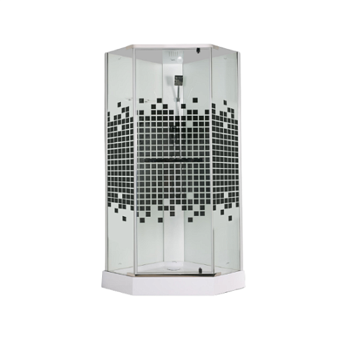 CHIKA90 CERUTTI 90х90х215-225 Душевая кабина без крыши, пятиугольный низкий поддон, центральная панель, тропический душ, ручной душ, полочка, стекло 5мм, сифон: фотография 1