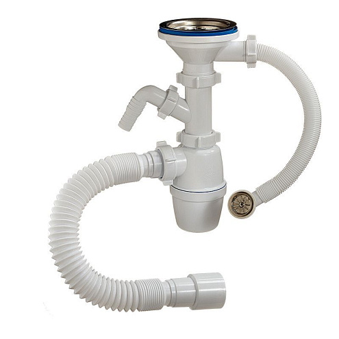 Сифон бутылочный 3 1/2"х40 мм, с круглым переливом, одним отводом и гибкой трубой 40-40/50 для гранитной мойки ОРИО А-5011: фотография 1